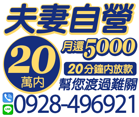 「台南借錢」夫妻自營，月還5000起，20分鐘內放款，20萬內，幫您渡過難關「即樂貸」