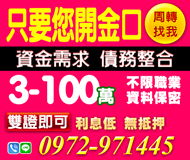 「台中借錢」資金需求債務整合周轉找我，只要你開金口，3-100萬「即樂貸」