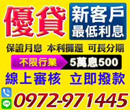 「台南借錢」最低利息，優貸新客戶，線上審核不限行業，5萬息500起，可分長期「即樂貸」
