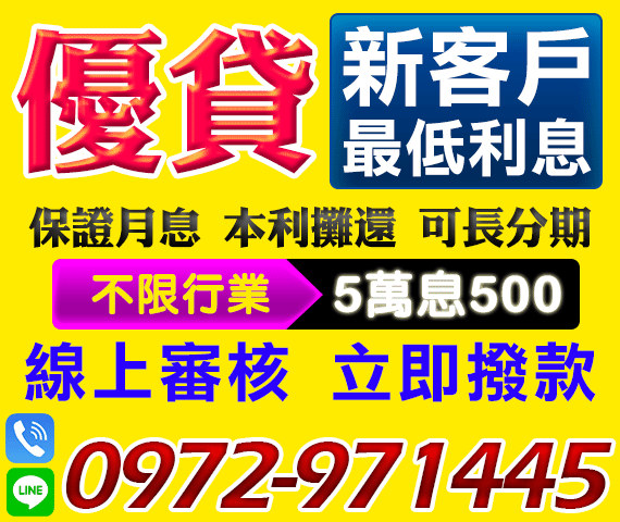 「台南借錢」最低利息，優貸新客戶，線上審核不限行業，5萬息500起，可分長期「即樂貸」