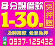 「台中借錢」身分證借款，及時撥款，低息免押，免押證件，1-30萬內「即樂貸」